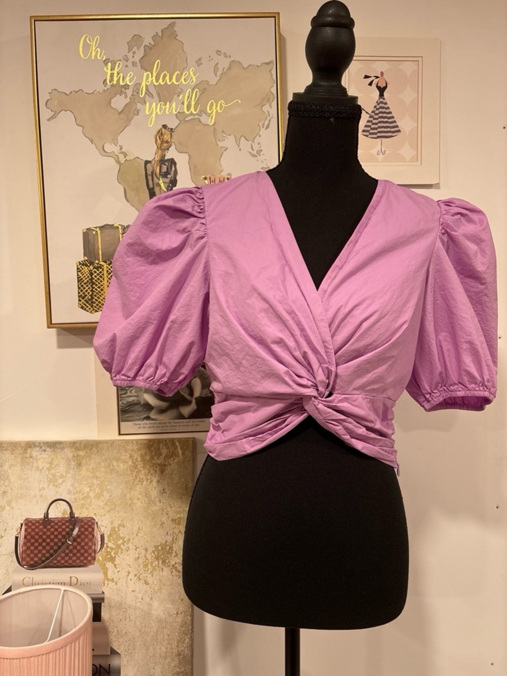 English Factory Lavender Twist-Front Puff Sleeve Blouse